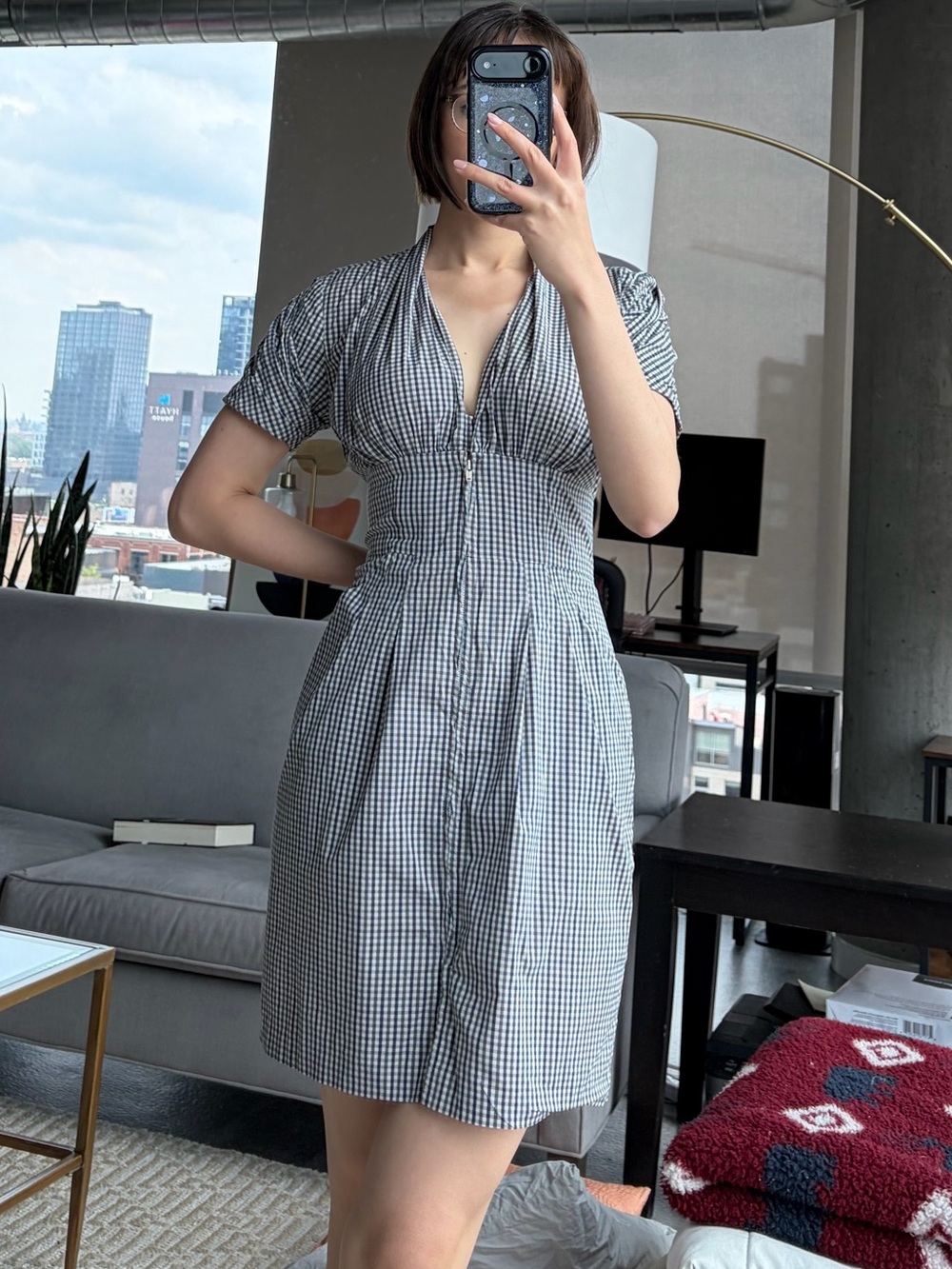 BCBGMaxAzria Gray Gingham Short Sleeve Dress